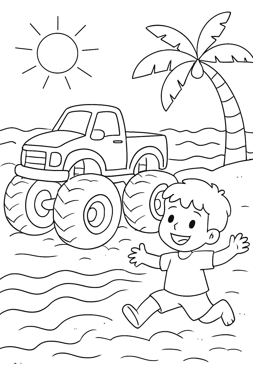 Un camion monstre jouet conduit sur le sable à la plage pendant qu'un garçon heureux joue.