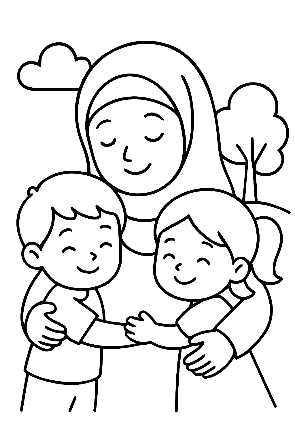 mother in hijab hug children
