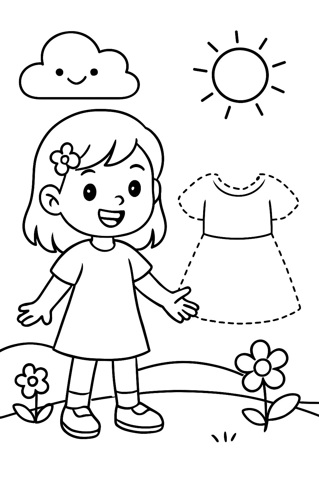 ein Ausmalbild mit einem mädchen und neben ihr ein kleid das man ausschneiden kann