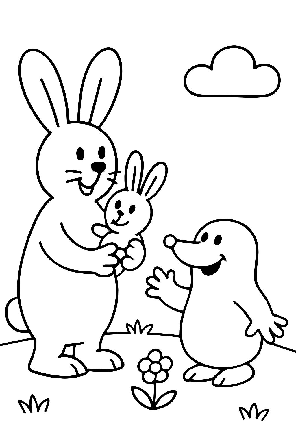 Der Maulwurf rettet das Häschen - Mama Hase ist mit ihren Häschen, das eine Häschen hält sie in der Hand, der Maulwurf ist auch dabei - alle freuen sich