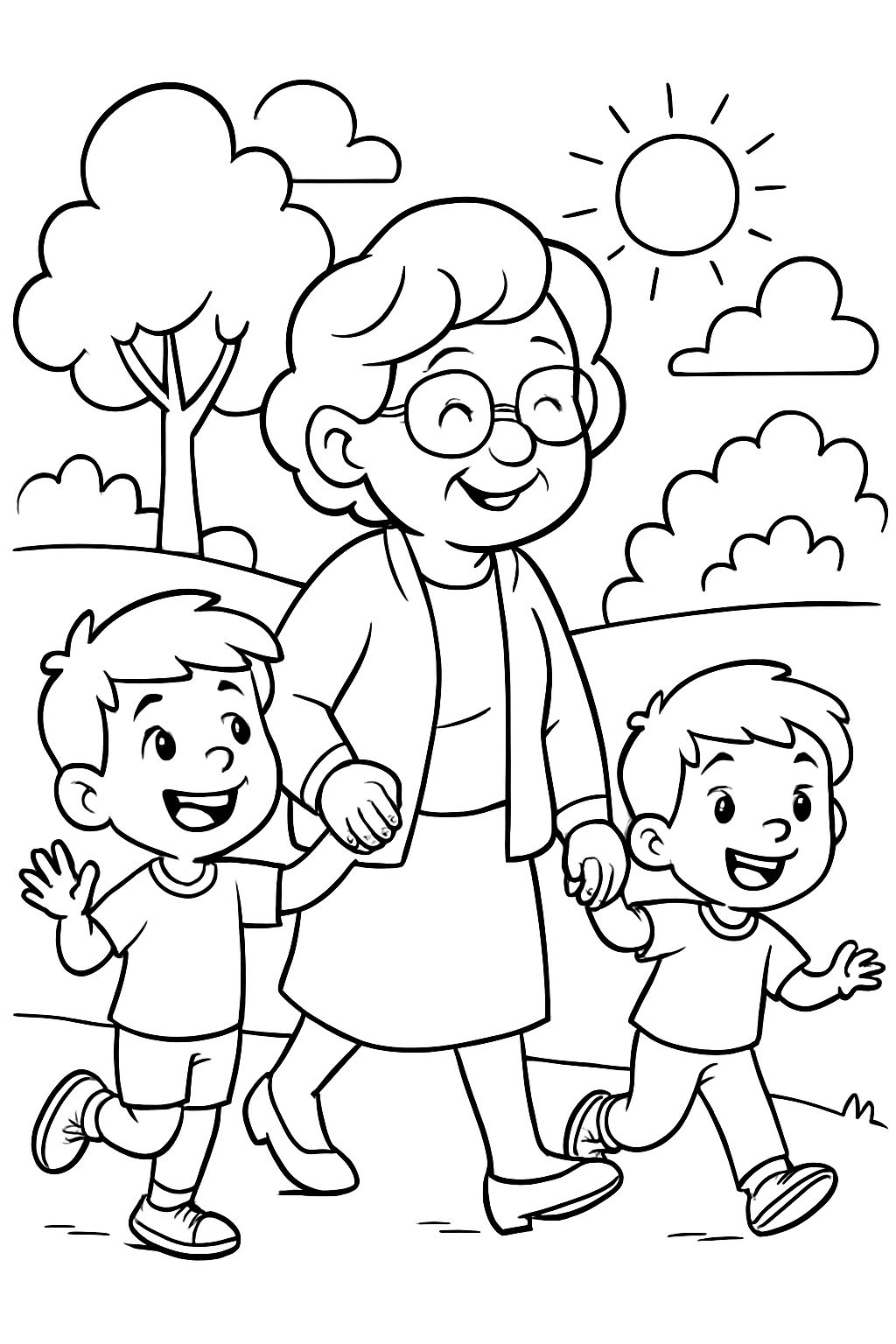 Gram walks with 2 grandsons.