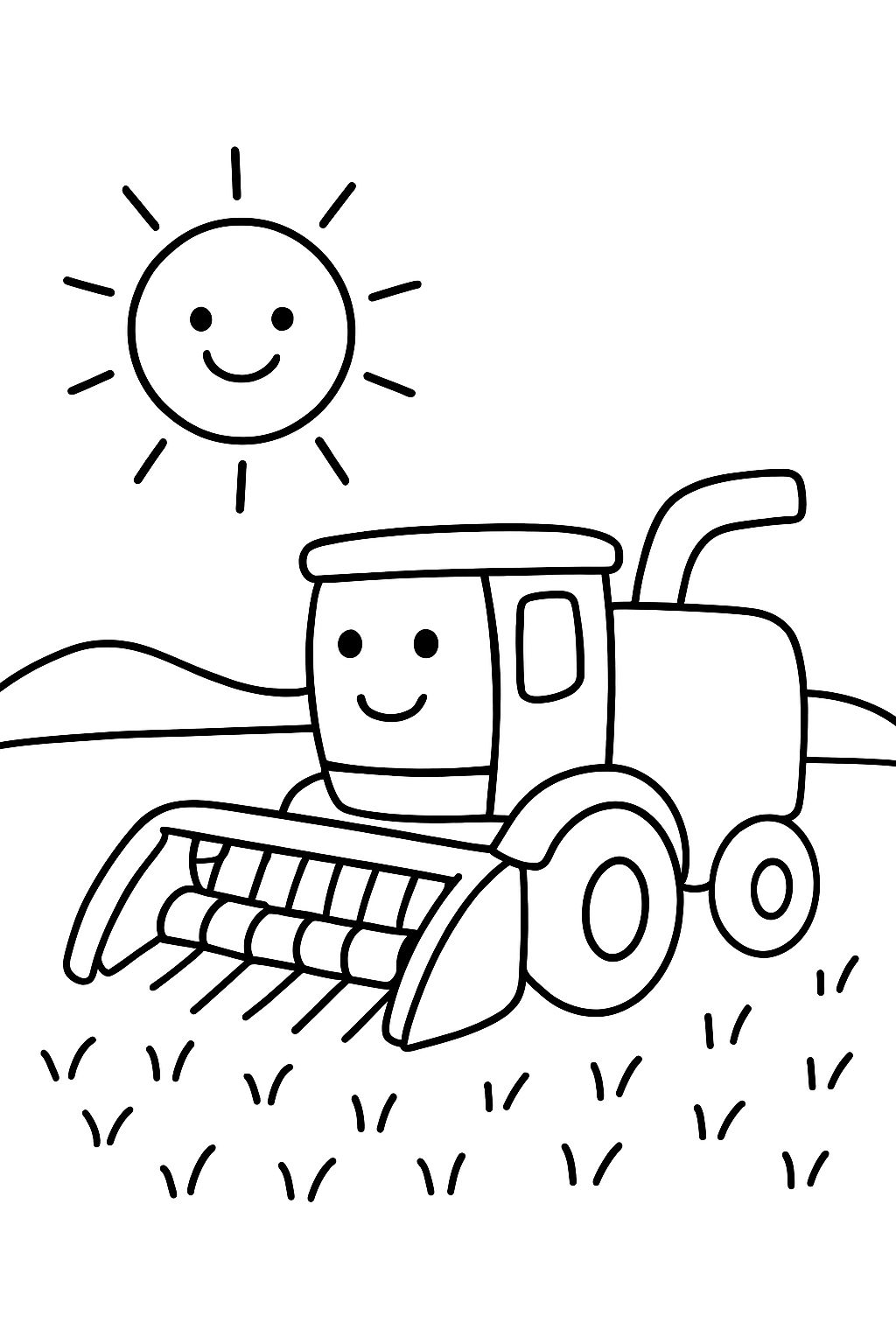 A small baby harvester in the field with a smiling sun