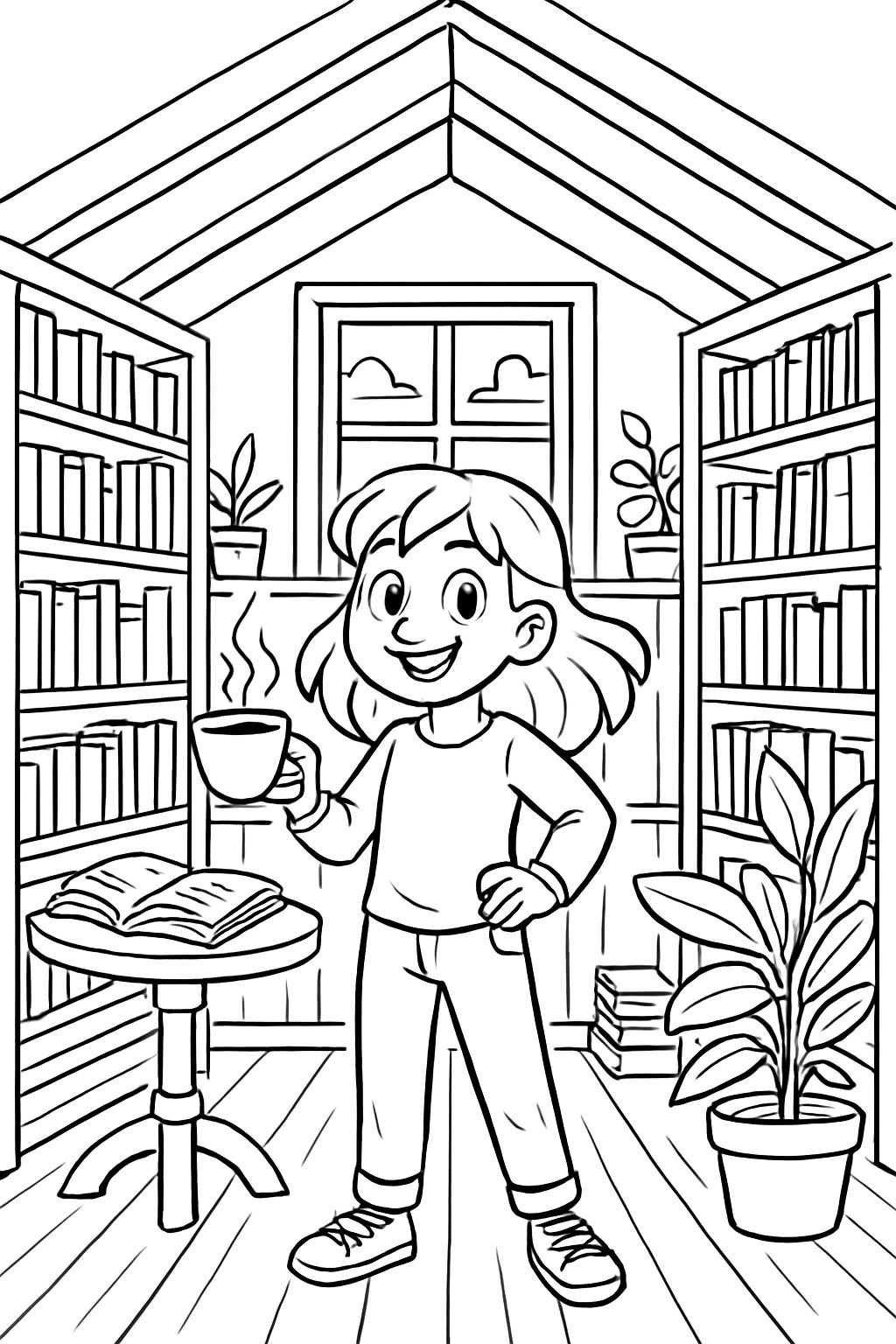 Une bibliothèque avec des livres, une tasse de café, des plantes et une fenêtre au milieu. La forme de la bibliothèque est en V à cause du toit de la maison. L'ambiance est vintage.