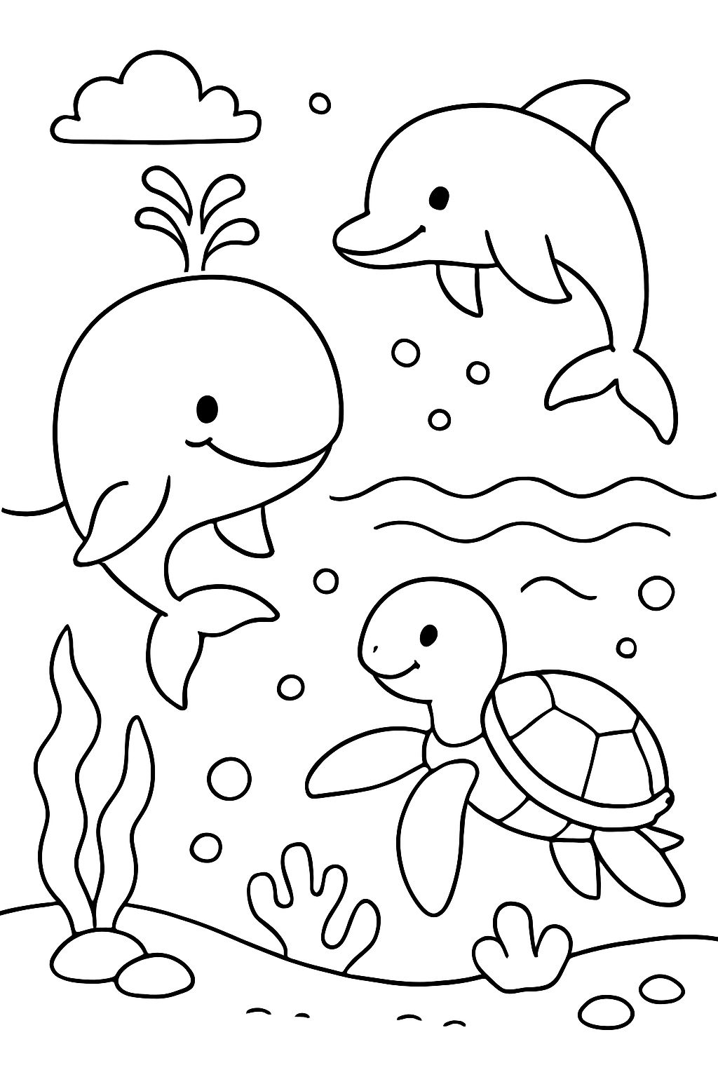 Whale, dolphin, and turtle in the sea