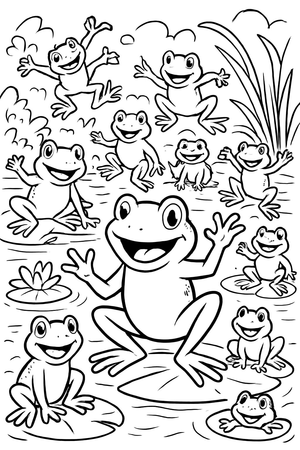 um grupo de sapos. 9 sapos são pequenos e 3 são grandes. Todos estão sorrindo. um grupo de sapos. 9 sapos são pequenos e 3 são grandes. Todos estão sorrindo.