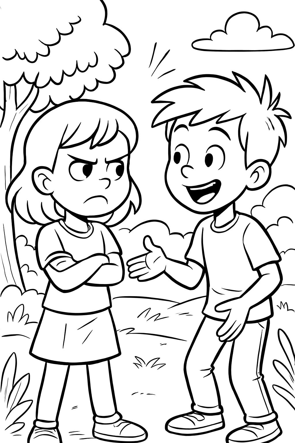 2 kids talking, one of them frowning.