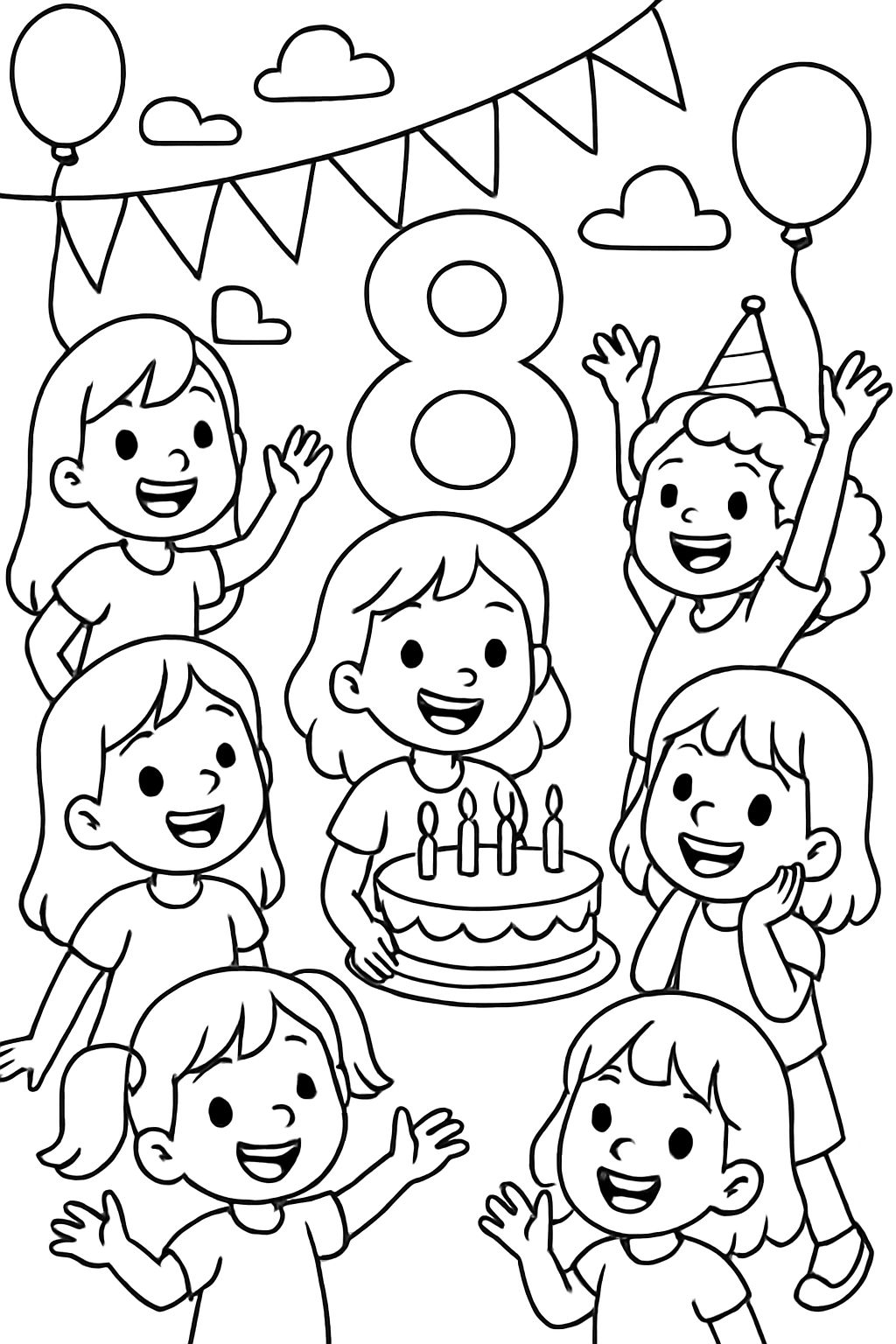 an 8 for a children's birthday with 5 girls and a cake