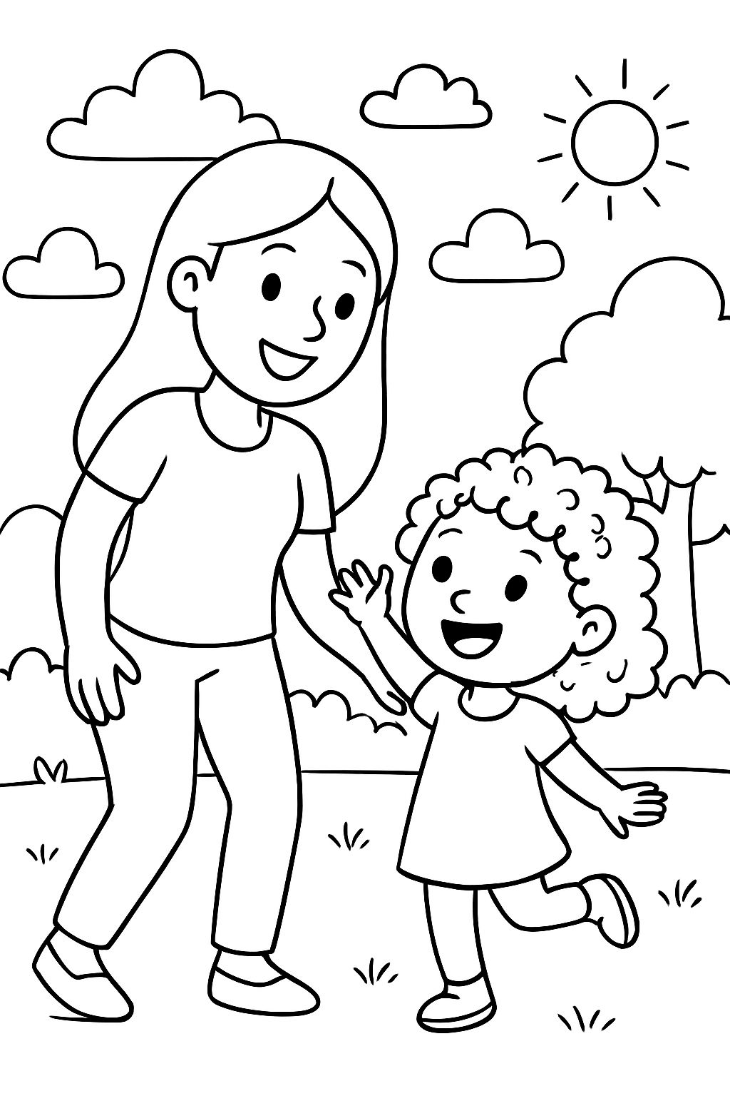 Mom with her straight hair and 3-year-old girl with her curly hair.