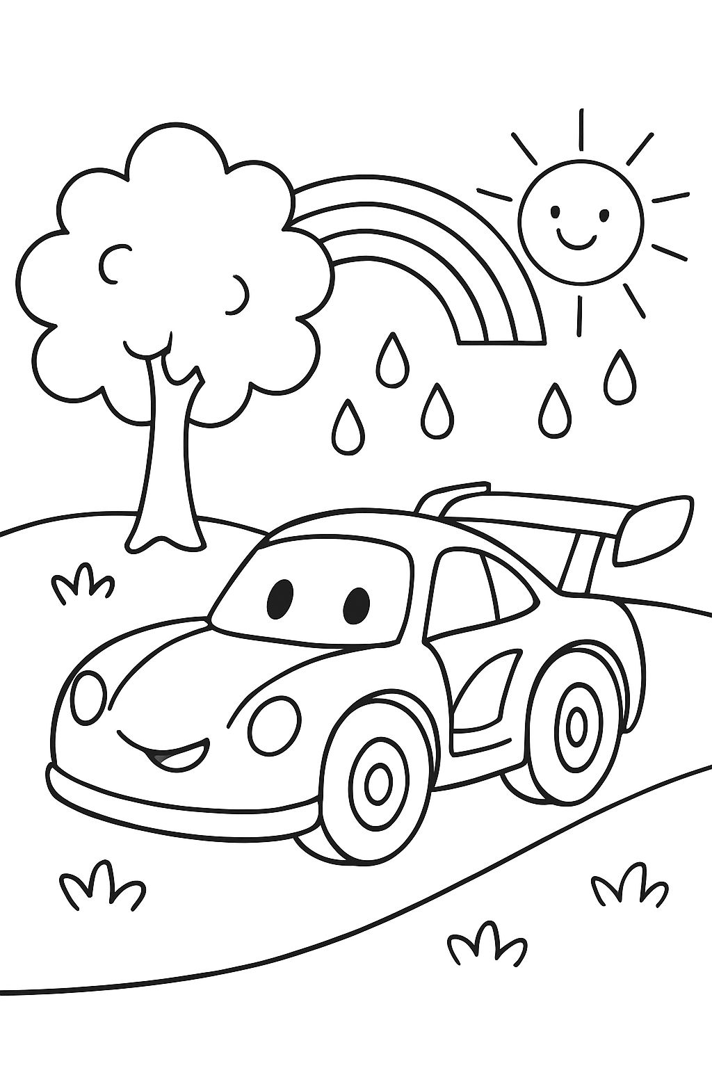 Rennauto, Baum, Regenbogen, Regen, Sonne