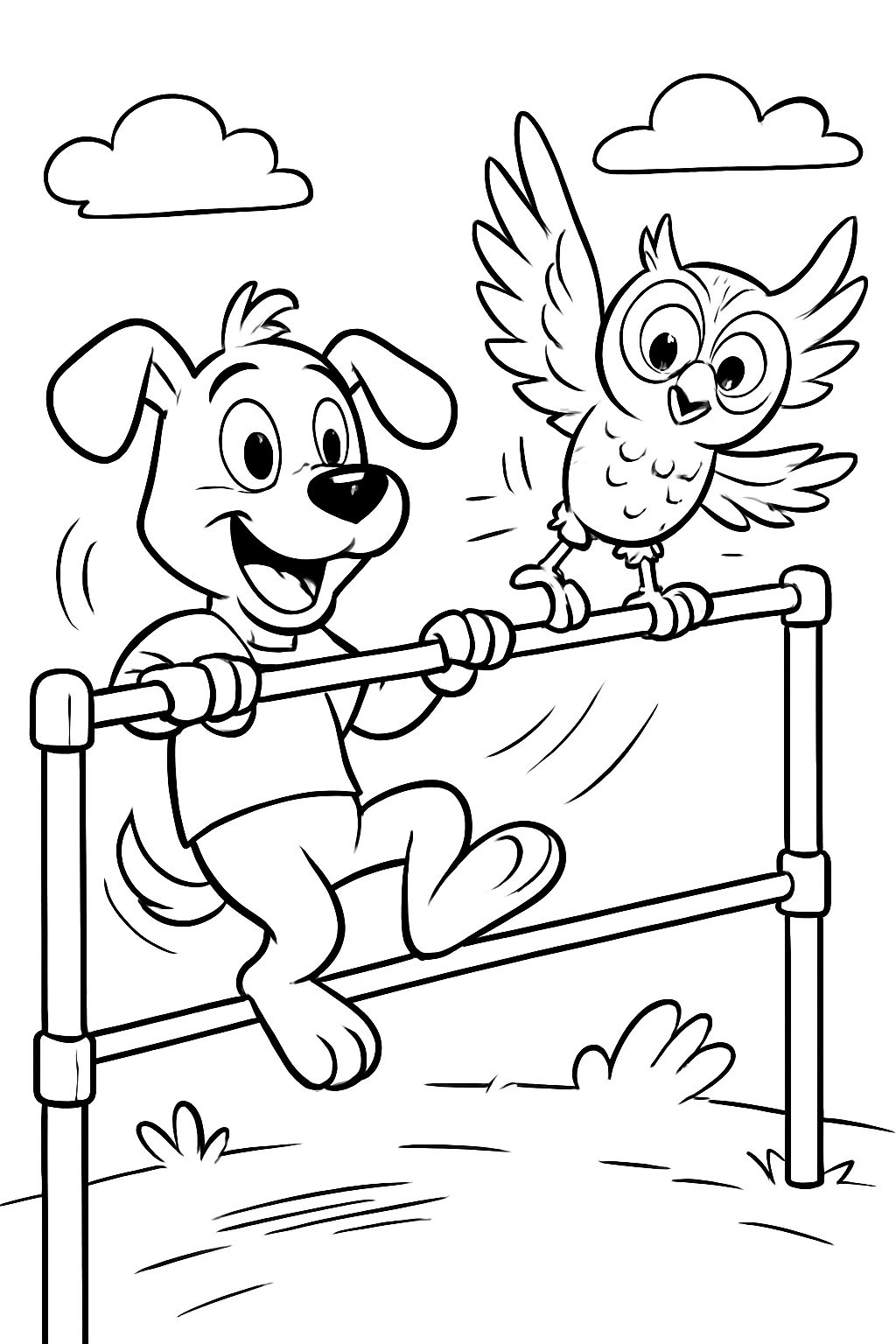 Um cachorro e uma coruja fazendo ginástica nas barras