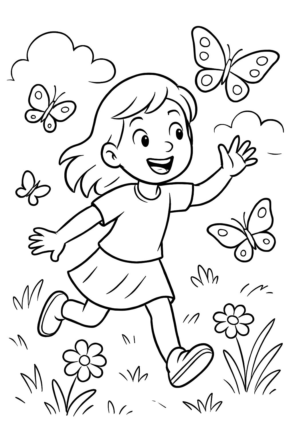 Tarjeta, niña en el campo con mariposas Tarjeta, niña en el campo con mariposas