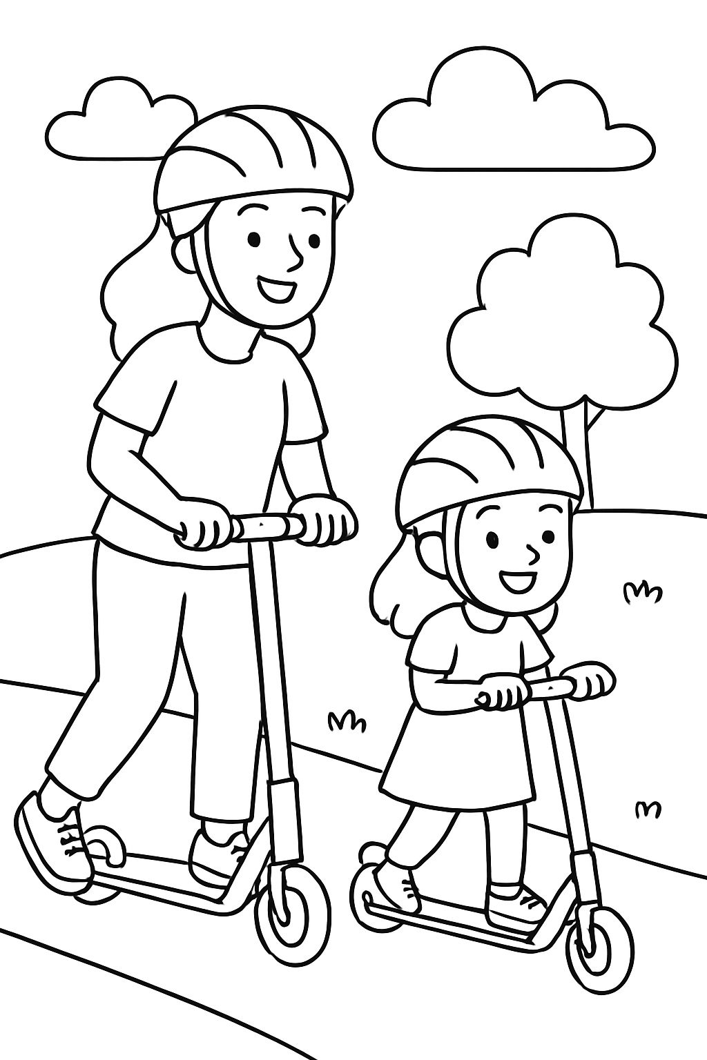 Maman et fille font du scooter en portant des casques.