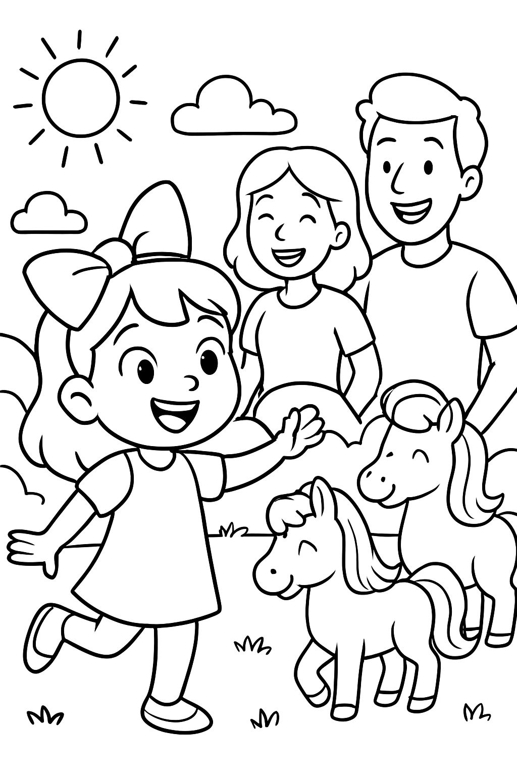 Girl with a bowtie on her head, her parents and ponies, all happy