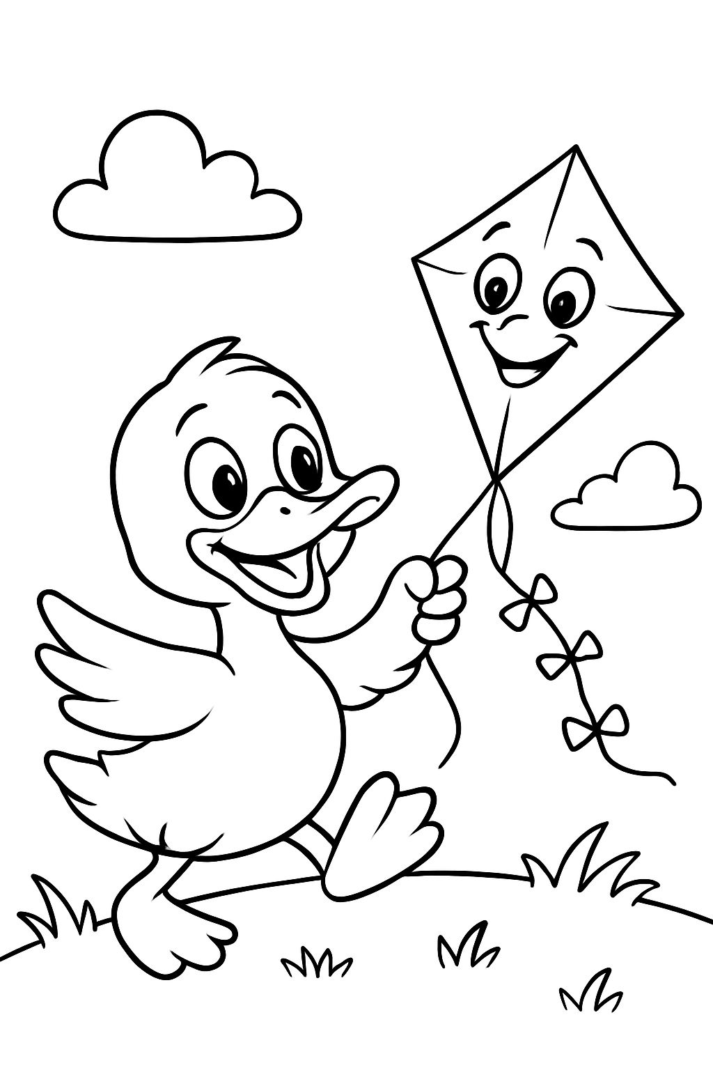 Die Ente lässt einen Drachen steigen.