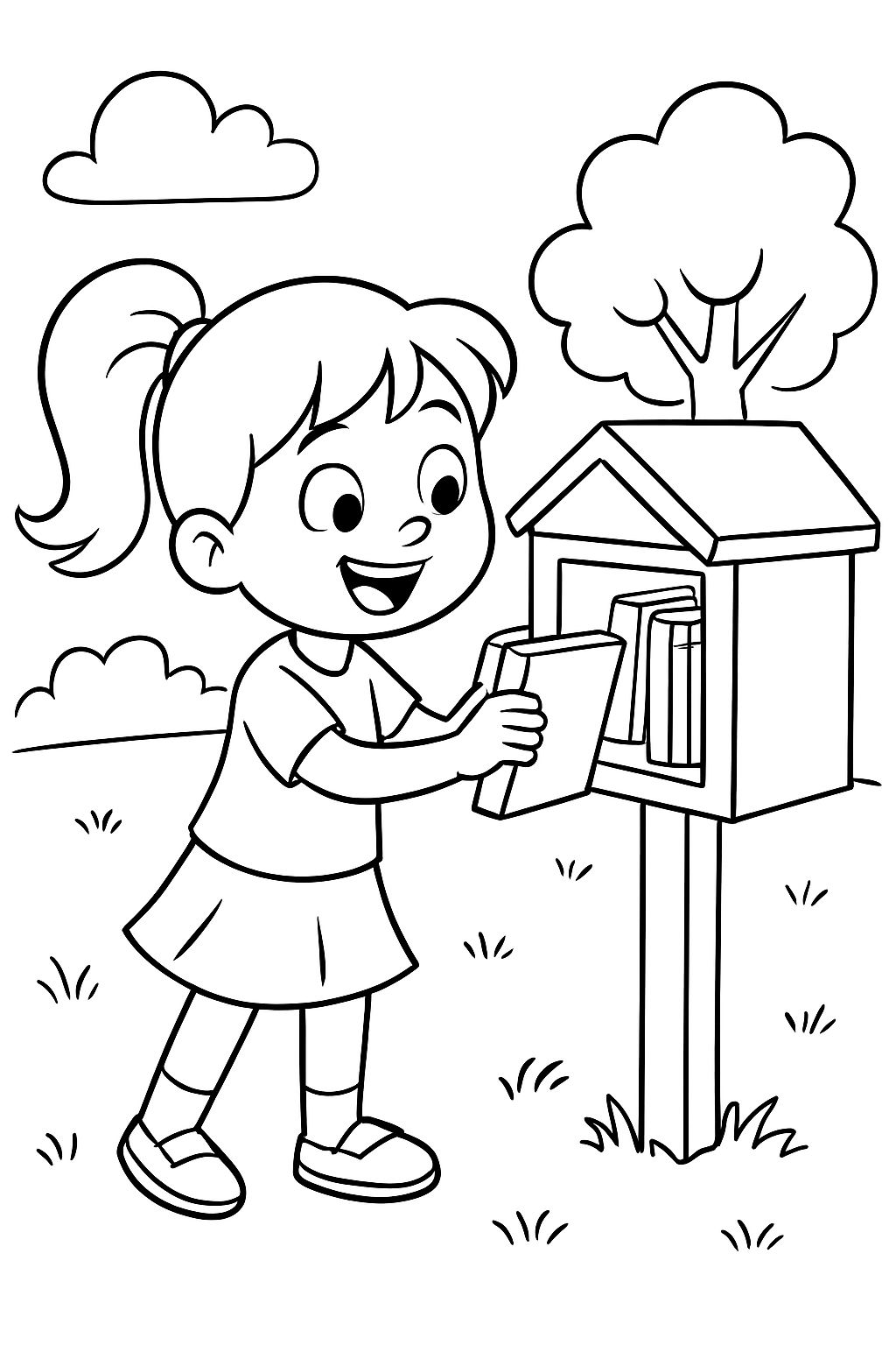 Menina de 6 anos com um rabo de cavalo em uma pequena biblioteca gratuita escolhendo um livro. Menina de 6 anos com um rabo de cavalo em uma pequena biblioteca gratuita escolhendo um livro.