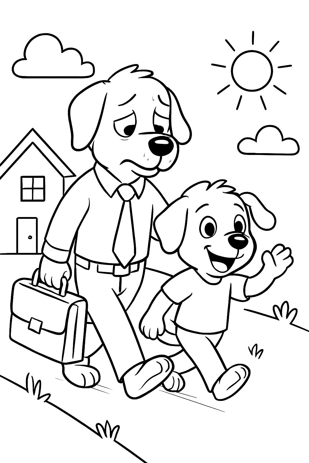 pai cansado cachorro com filho filhote após o trabalho