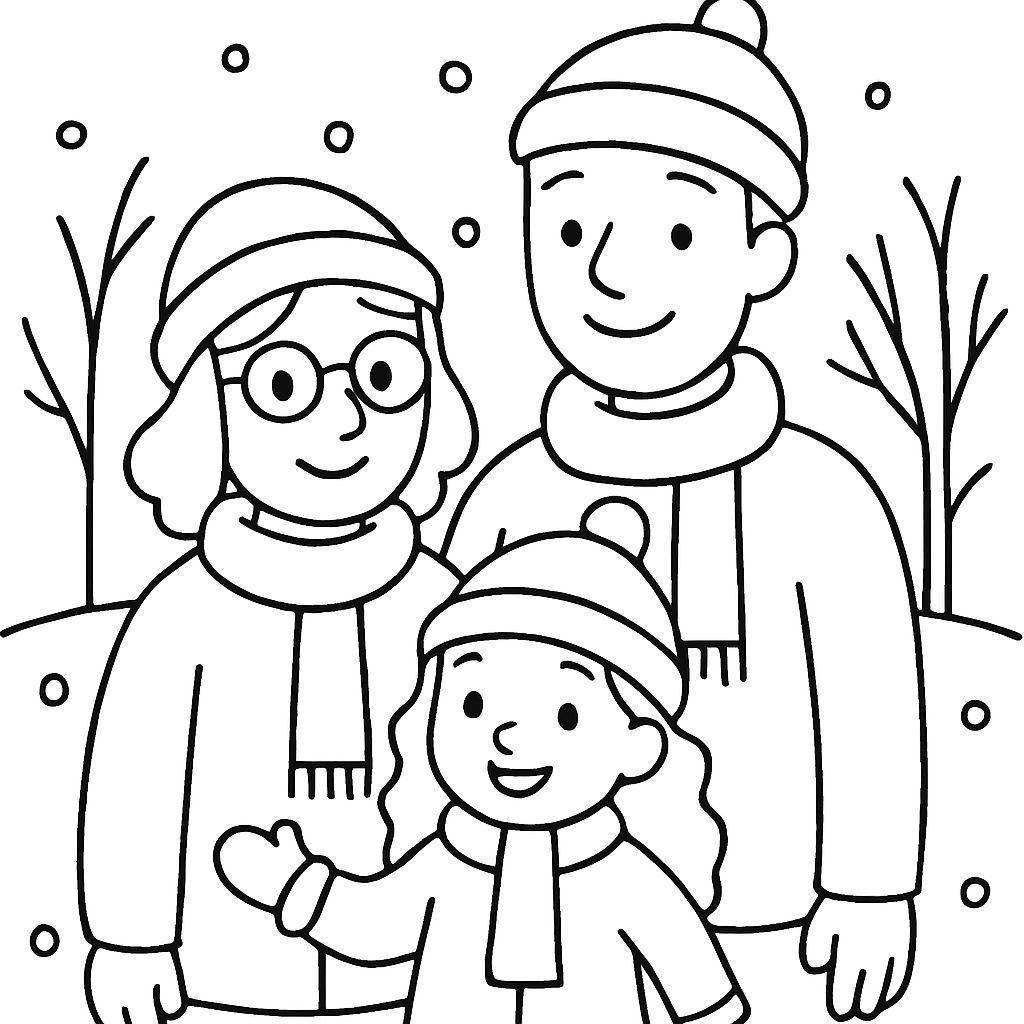 A family standing in winter with a mom with glasses, a tall dad and a 3 year old little girl with long curly hair. A family standing in winter with a mom with glasses, a tall dad and a 3 year old little girl with long curly hair.