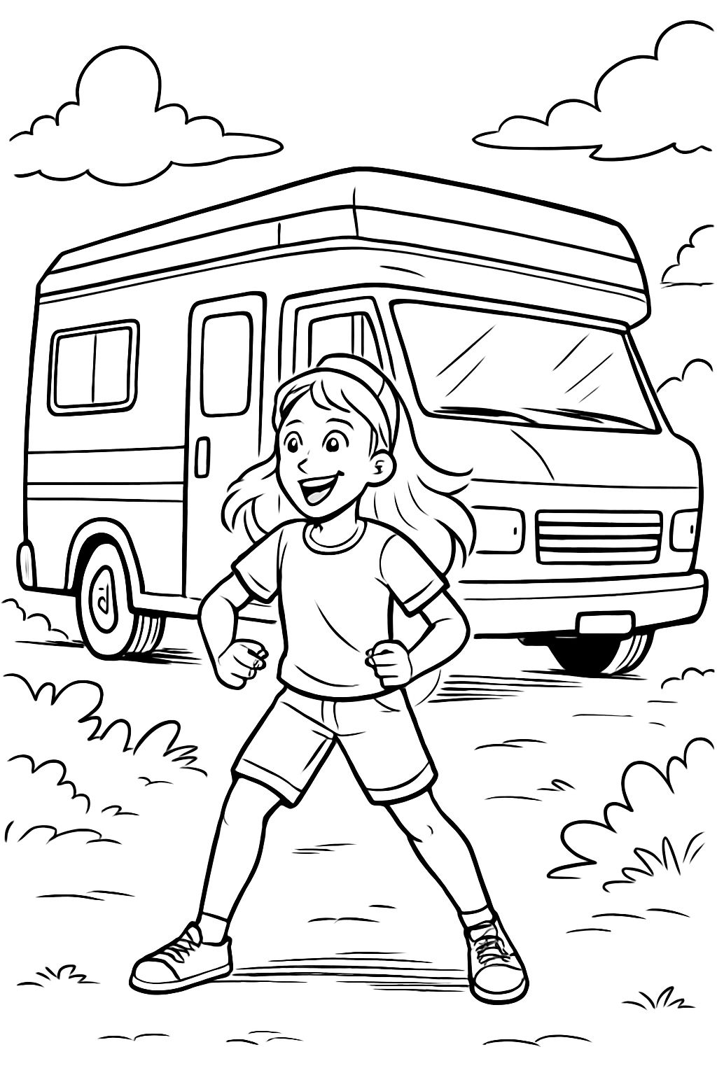 Girl standing in front of large caravans