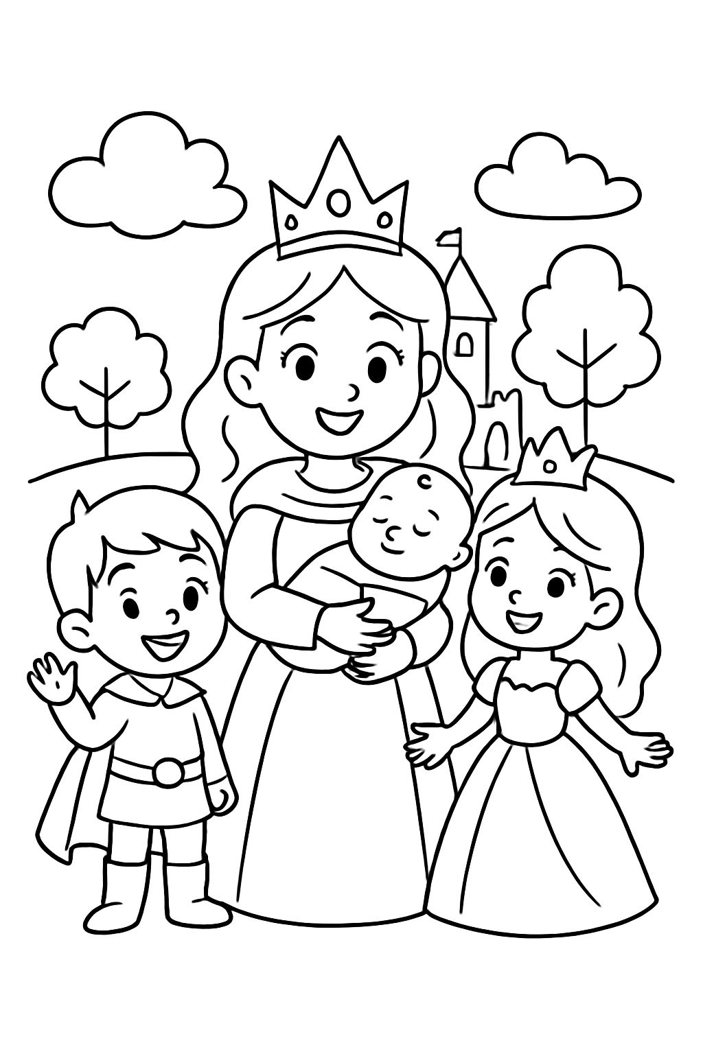 une reine avec un bébé dans les bras, à côté d'elle se trouve un prince et une princesse une reine avec un bébé dans les bras, à côté d'elle se trouve un prince et une princesse