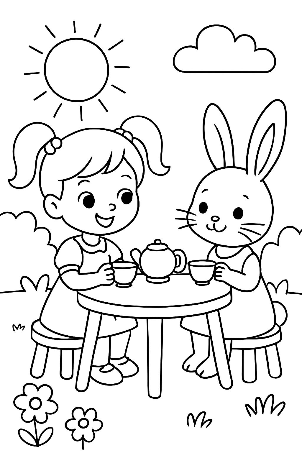 Kleines Mädchen mit Zöpfen, das Tee mit einem Hasen trinkt. Beide tragen Kleider. Kleines Mädchen mit Zöpfen, das Tee mit einem Hasen trinkt. Beide tragen Kleider.