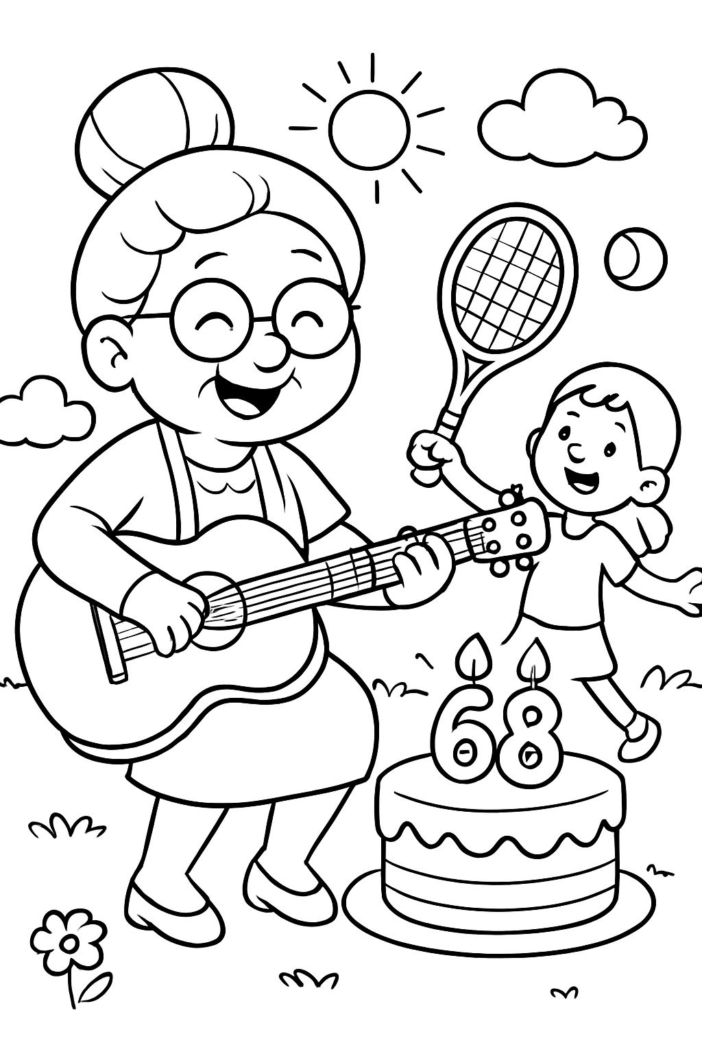 Oma mit Dutt und Gitarre und tennis und Torte 68