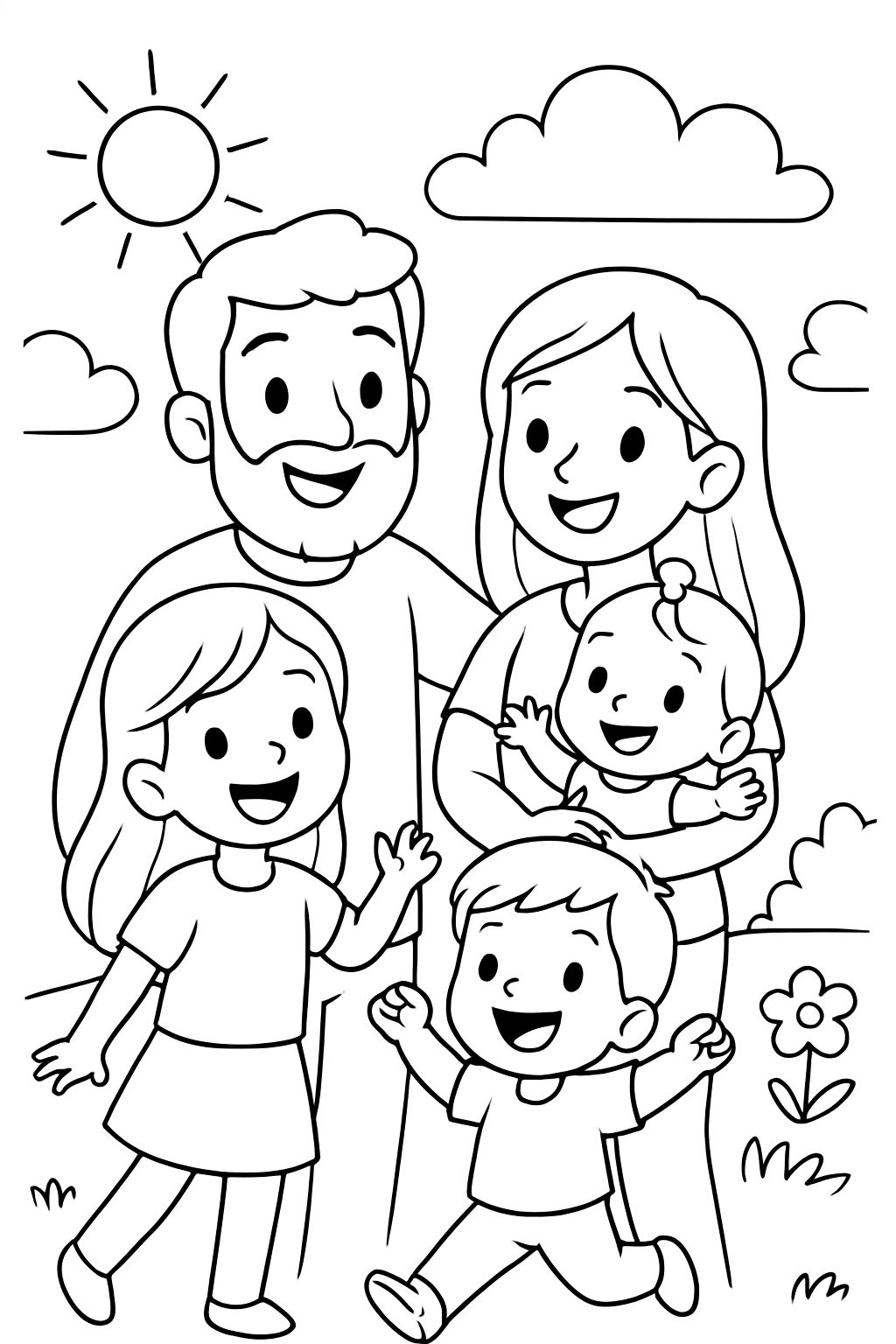 Irmã mais velha, irmão e irmãzinha com mamãe e papai com barba