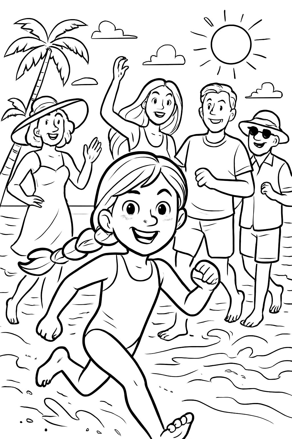 beach scene with girl with long braid, mom with long hair, dad, grandma and grandpa in a beach hat and sunglasses