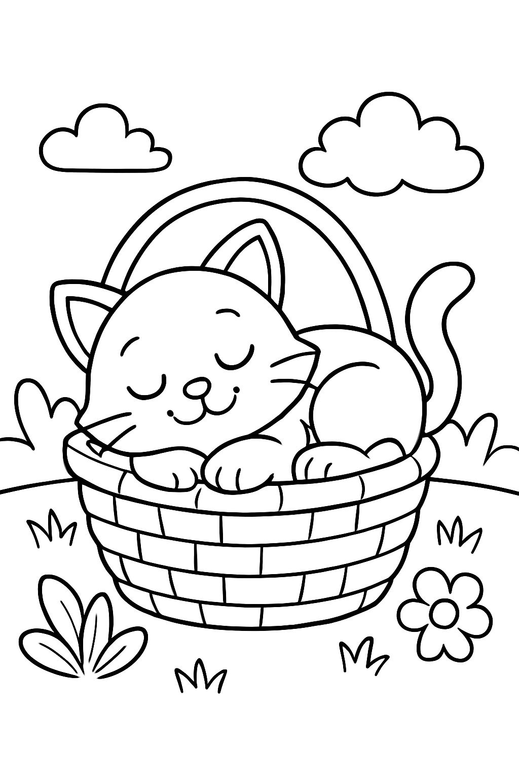 Um gato dormindo em uma cesta