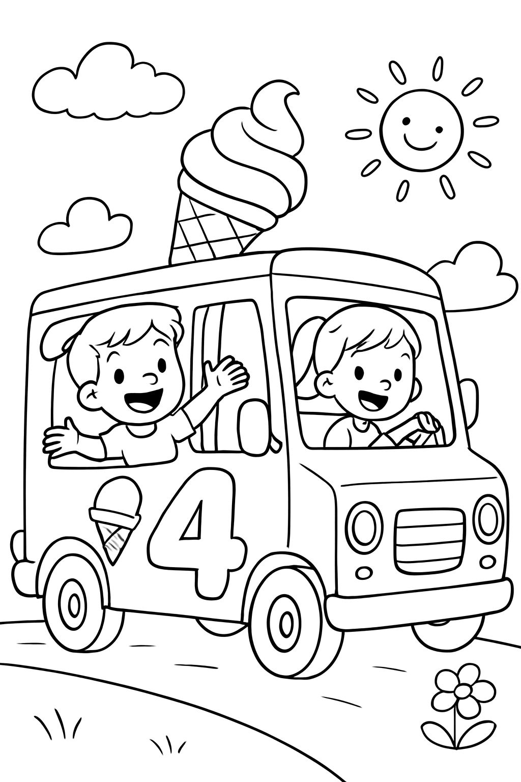 An ice cream truck with a number 4 in bubble letters.