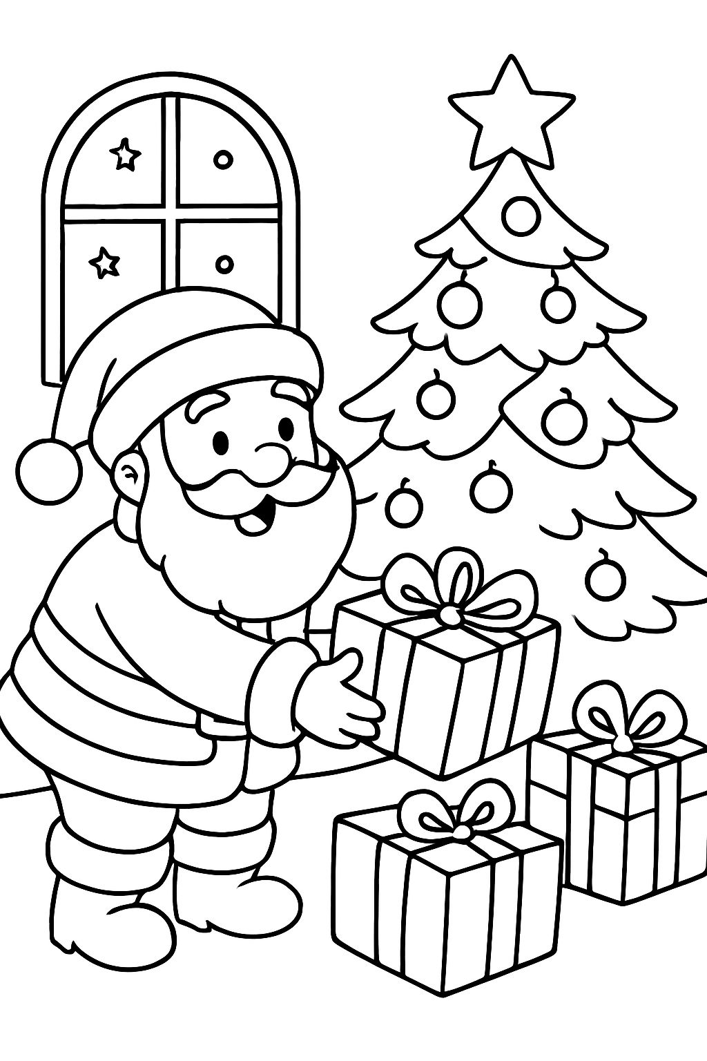 Santa poniendo regalos de Navidad debajo del árbol.