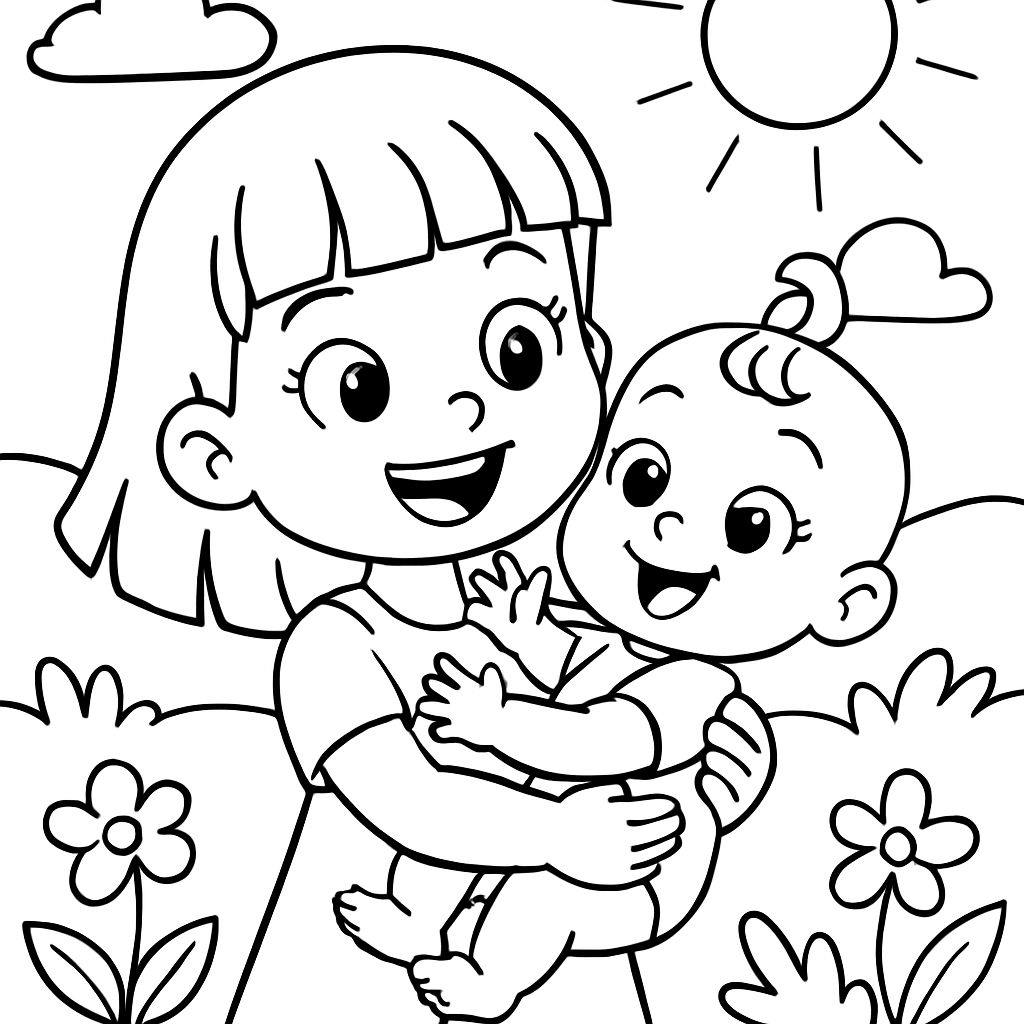 Girl with bangs holding her baby sister Girl with bangs holding her baby sister