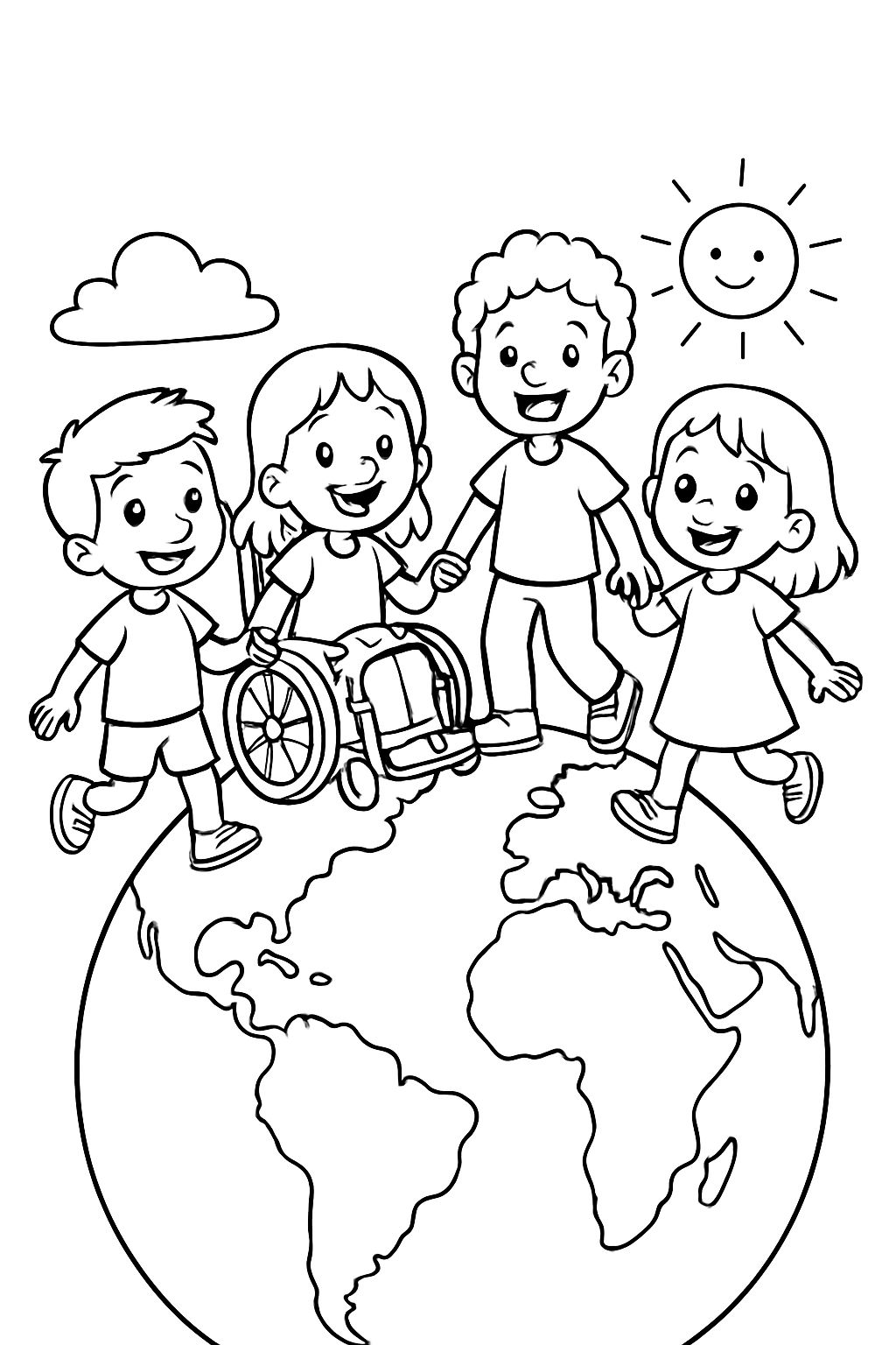 un globe avec des enfants handicapés et non-rappelez-vous debout dessus se tenant la main un globe avec des enfants handicapés et non-rappelez-vous debout dessus se tenant la main