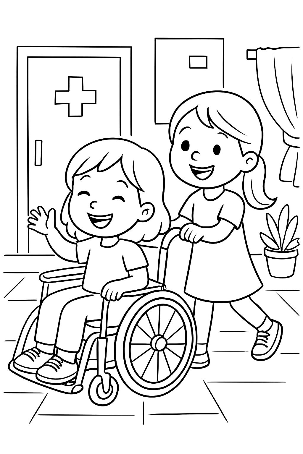 girl in wheelchair in hospital and another girl pushing