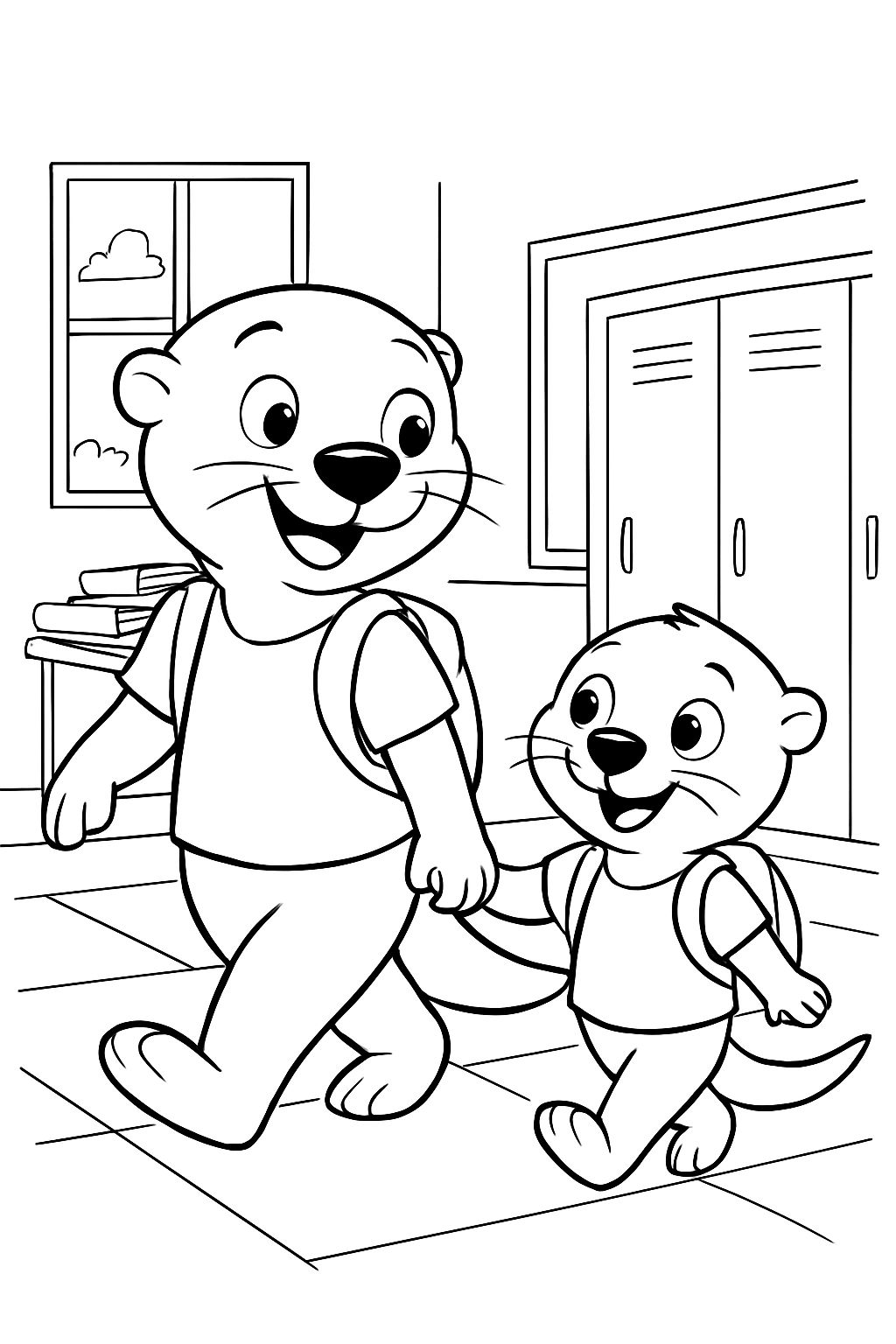 a big otter child holding hands with a little otter boy in school