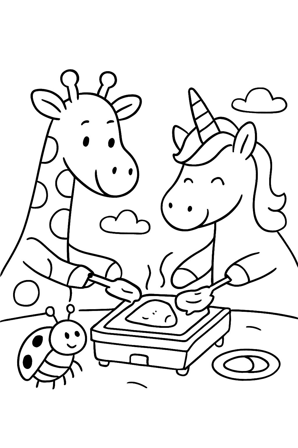 A giraffe and a unicorn and a beetle are eating raclette