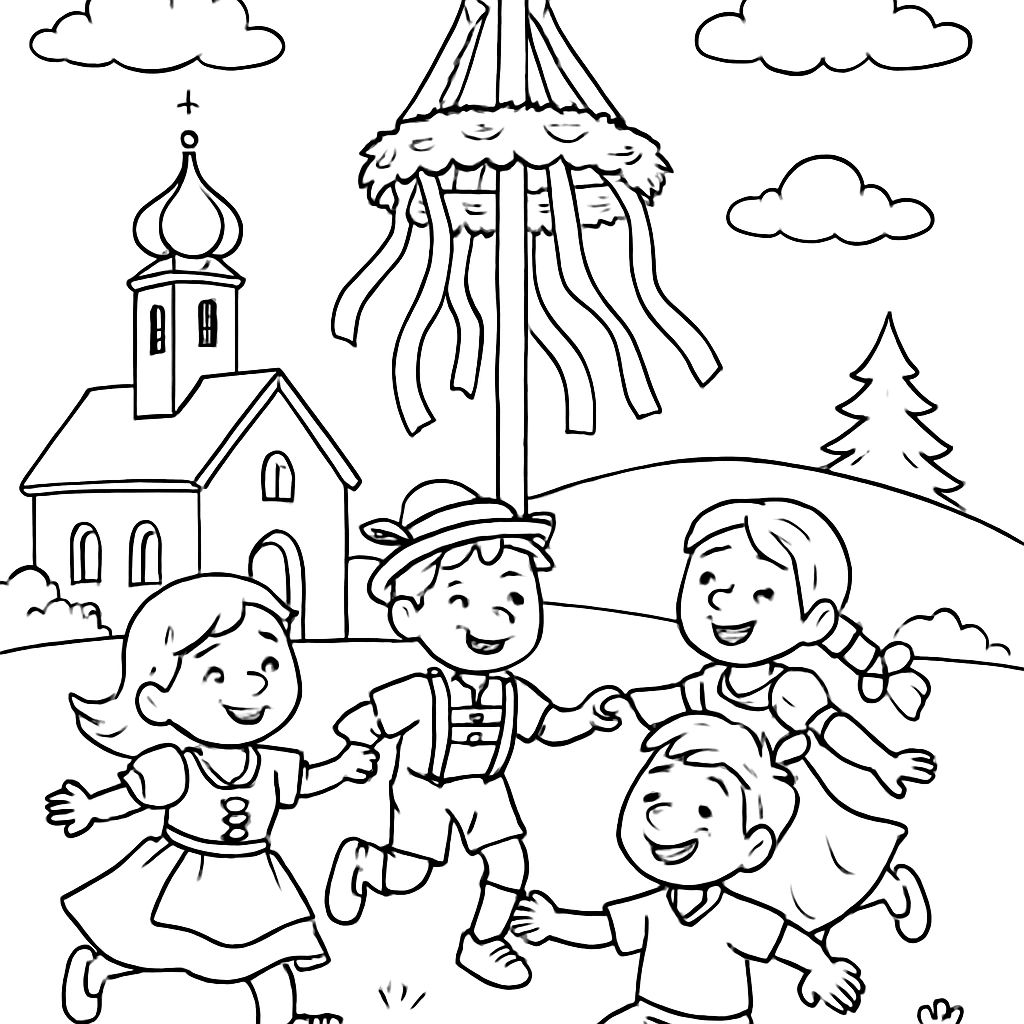 Des enfants dansent autour d'un arbre de festival d'église en haute-Bavière Des enfants dansent autour d'un arbre de festival d'église en haute-Bavière