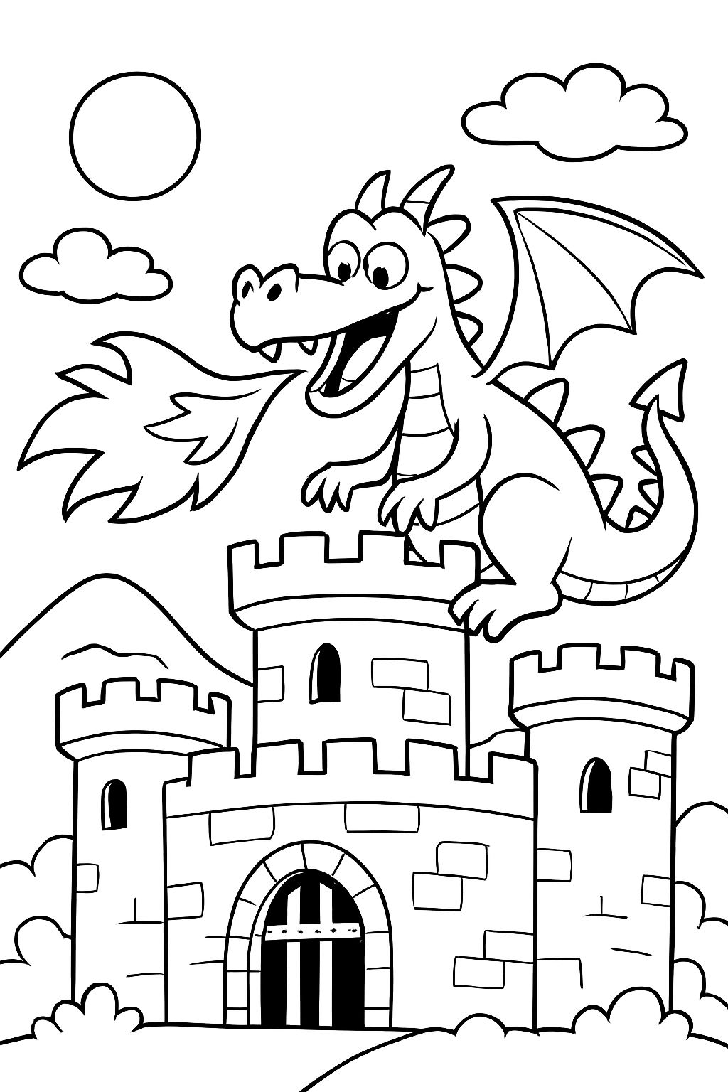 dragão cuspindo fogo em um castelo