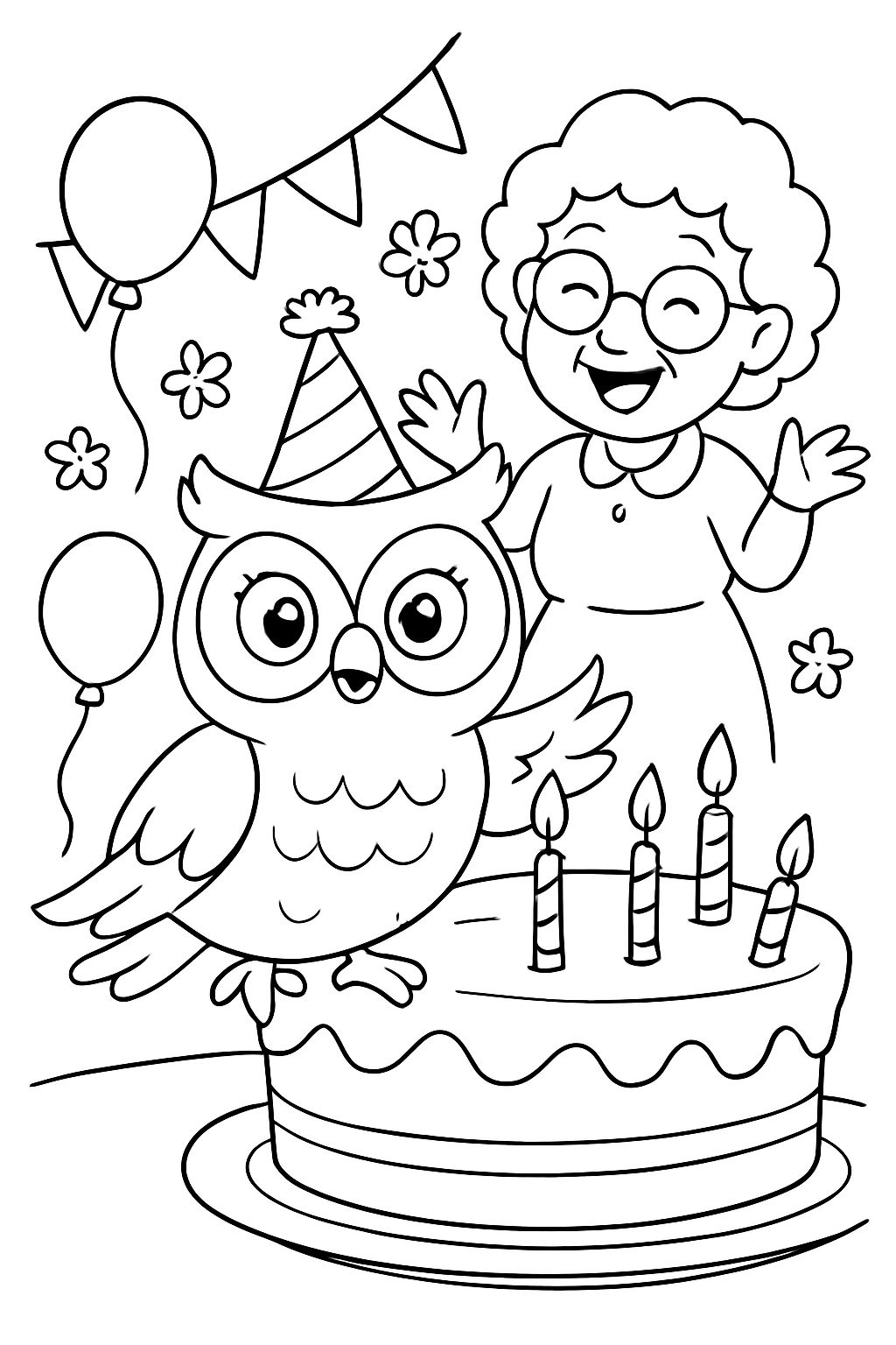 Birthday cake for grandma with an owl on top