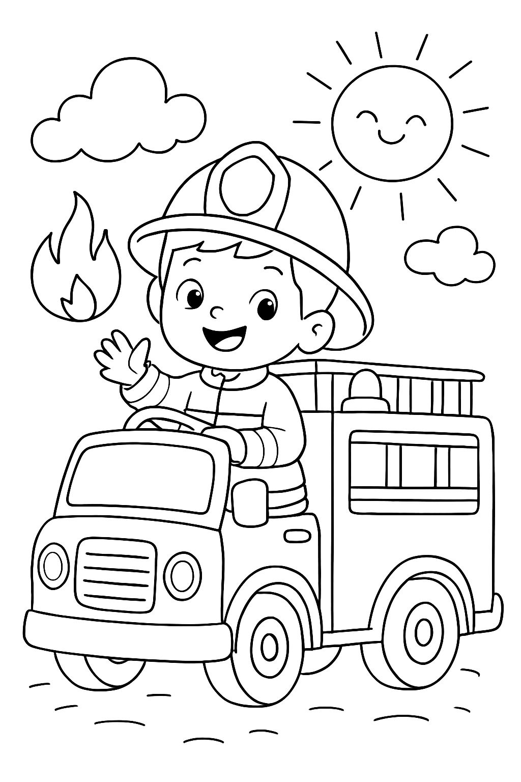 a 4 year old dressed as a firefighter in a fire truck