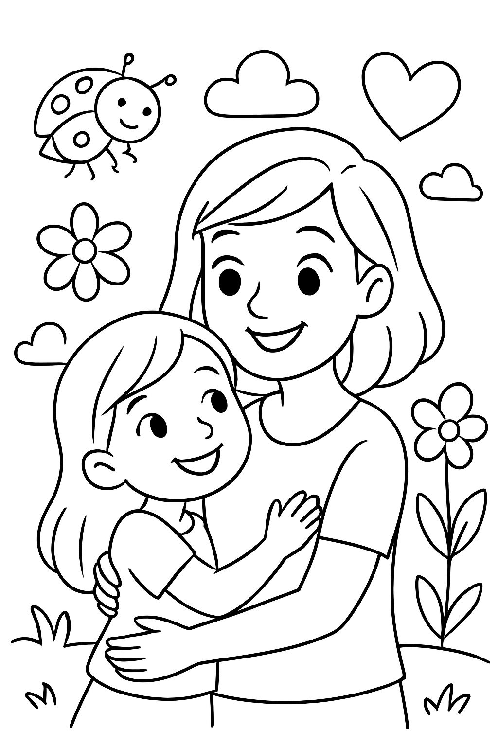 40-year-old woman with shoulder-length hair, ladybug, flower, and heart with the words 'my little one' and a 6-year-old girl.