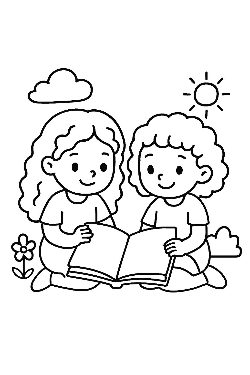 Duas meninas pequenas, ambas com cabelo encaracolado, mas uma com cabelo longo e outra com cabelo na altura do ombro, lendo um livro juntas.