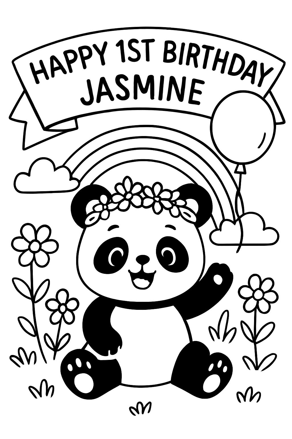 Panda with flower crown saying happy 1st birthday jasmine. Panda with flower crown saying happy 1st birthday jasmine.
