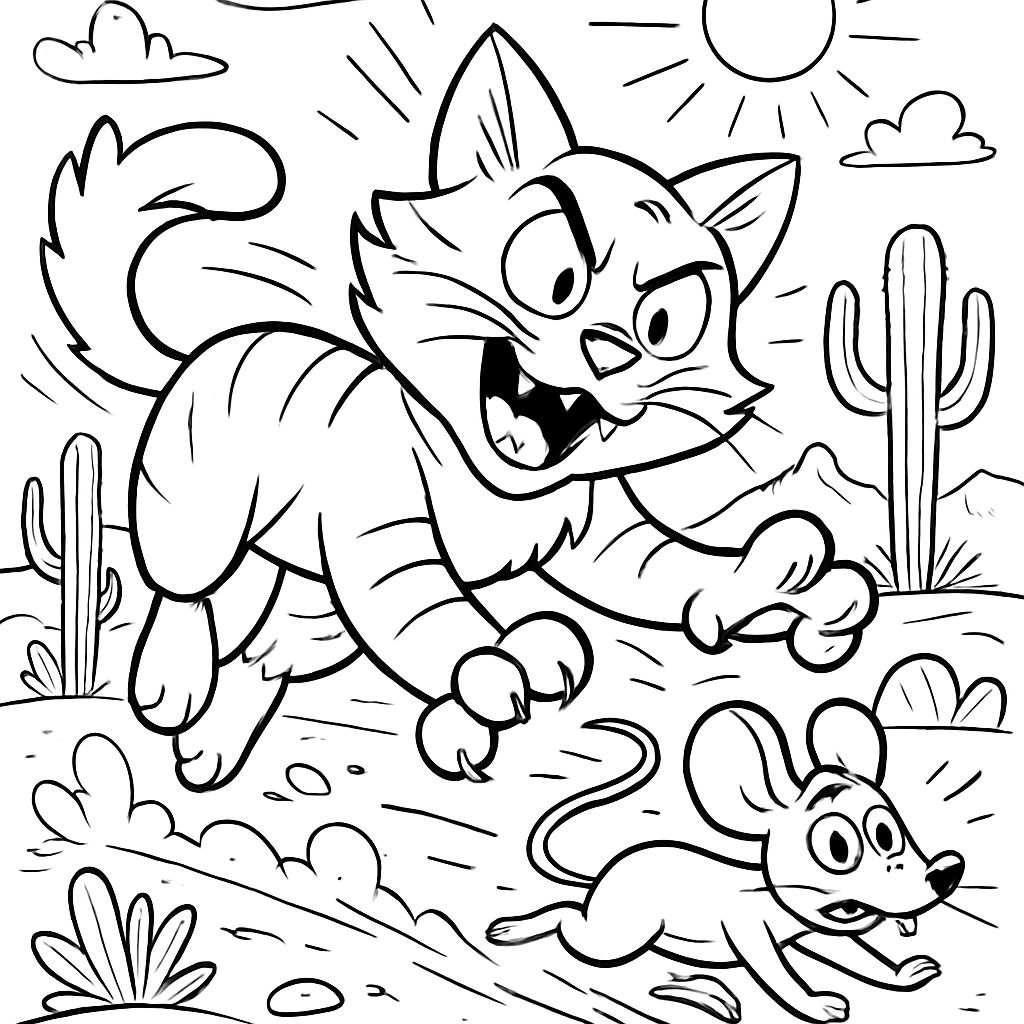 Um gato perseguindo um rato no deserto