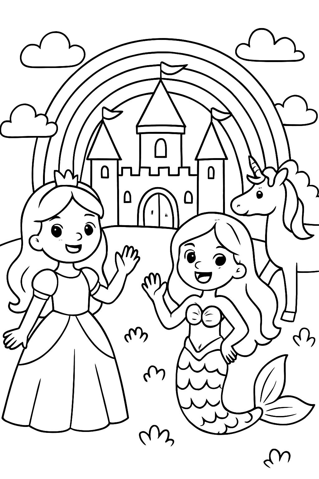 Eine Prinzessin und eine Meerjungfrau stehen vor einem Schloss mit einem Regenbogen darüber und einem Einhorn im Hintergrund. Eine Prinzessin und eine Meerjungfrau stehen vor einem Schloss mit einem Regenbogen darüber und einem Einhorn im Hintergrund.