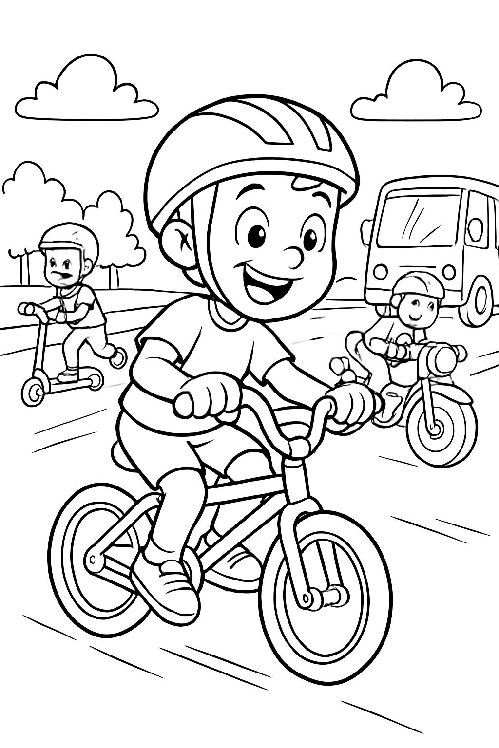 bike, scooter, motorcycle, car and bus