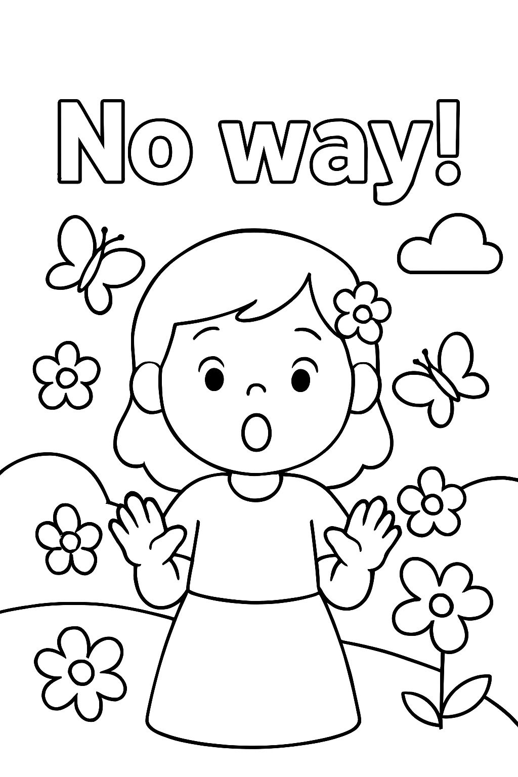 A page that says 'No way!' with flowers and butterflies