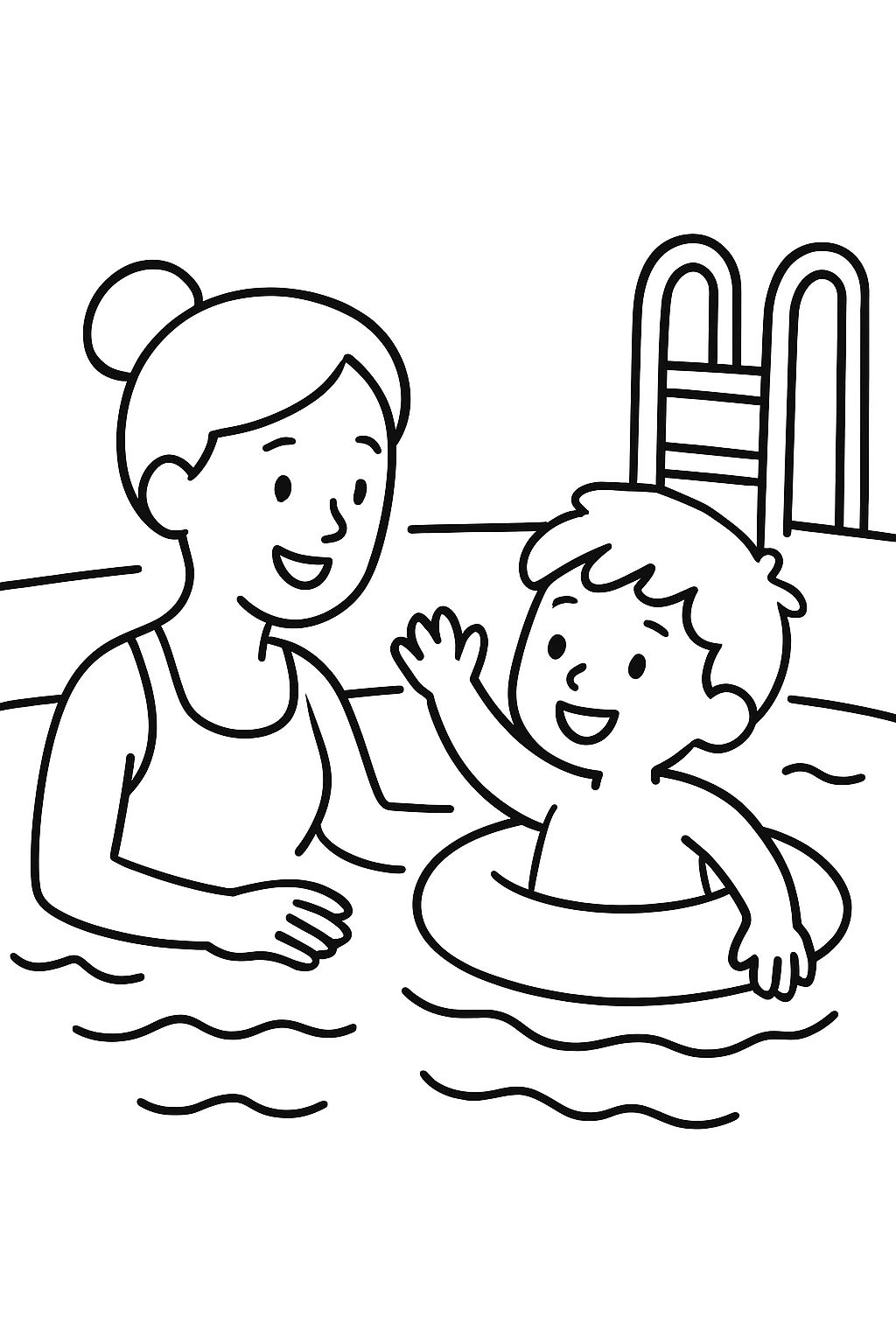 Nadando na piscina com a mamãe