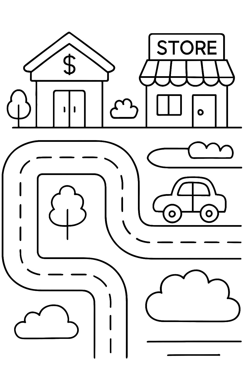 A city with roads and shops from a top view.