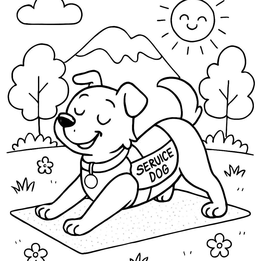 Un perro de servicio con un chaleco haciendo yoga. Un perro de servicio con un chaleco haciendo yoga.