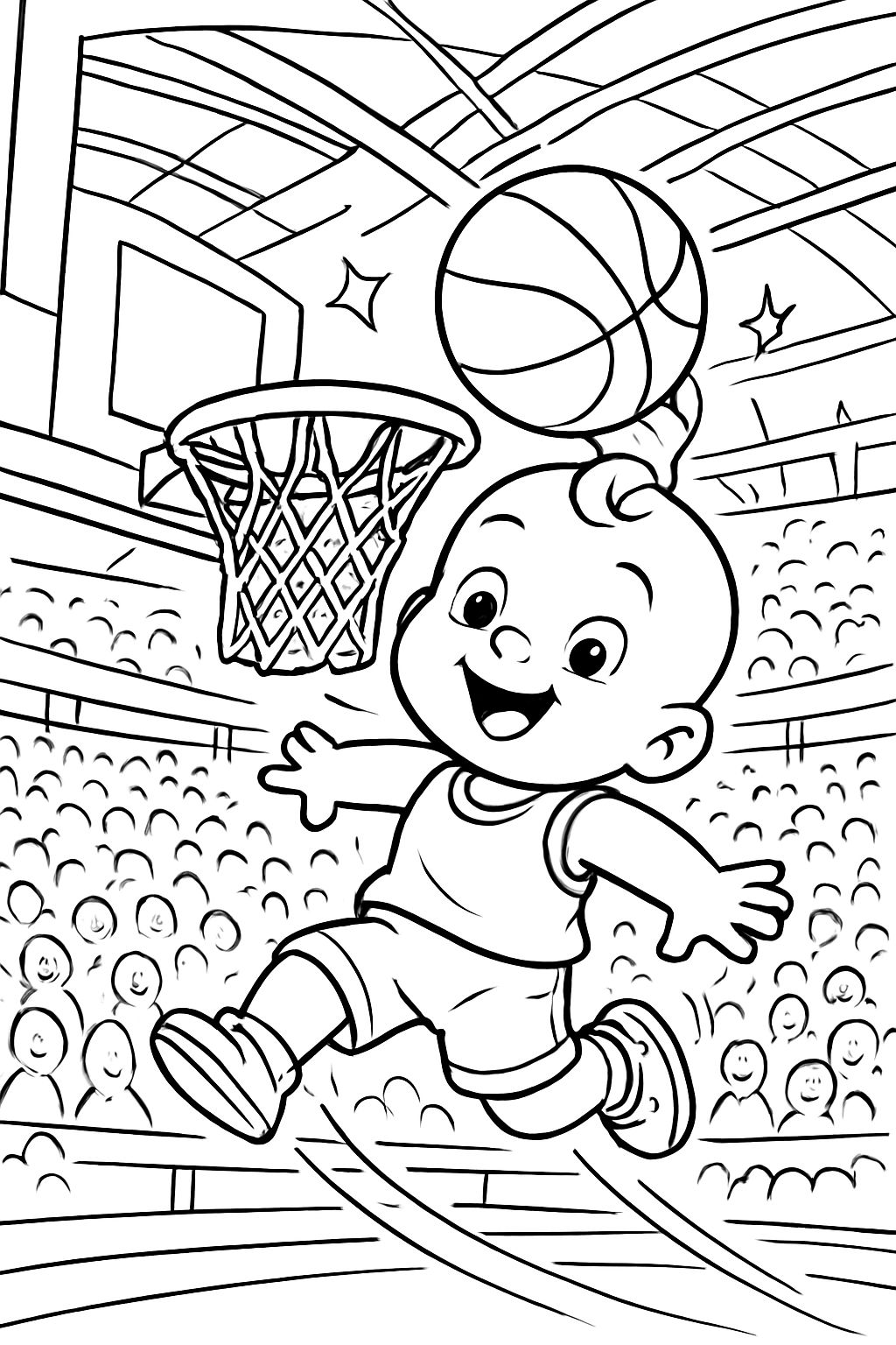 Un bébé qui dunk un basket-ball dans une arène pleine.